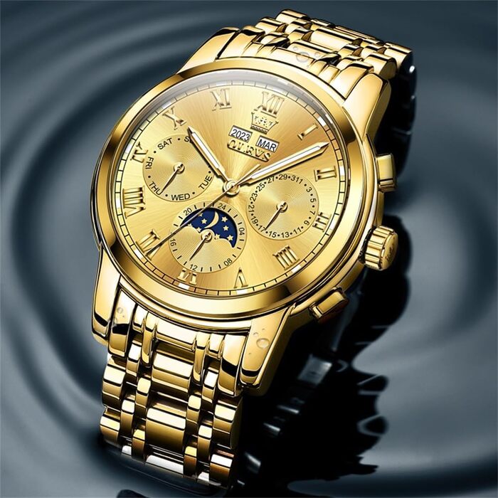 Чоловічий механічний годинник OLEVS 6692 з автопідзаводом, золотий корпус та браслет із нержавіючої сталі, функція місячної фази, календар, водонепроникний, люксовий бізнес-стиль