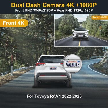 Автомобільний відеореєстратор Fitcamx 4K для Toyota RAV4 2022-2025 (Gen5), OEM стиль, 2160P Front & 1080P Rear, WiFi, G-сенсор, Plug&Play, карта пам'яті 64GB