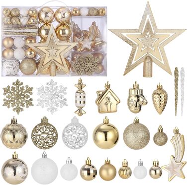 121 шт. прикрас для ялинки золотого та білого кольору, набір, пластик, зірка на верхівку, декор для ялинки, Новий рік, свята