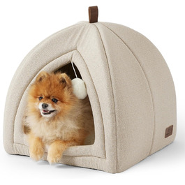 Ліжко для котів BEDSURE велике, 44x44x44 см, хатинка для котів, з м'якою подушкою Sherpa та іграшкою, миється, бежеве