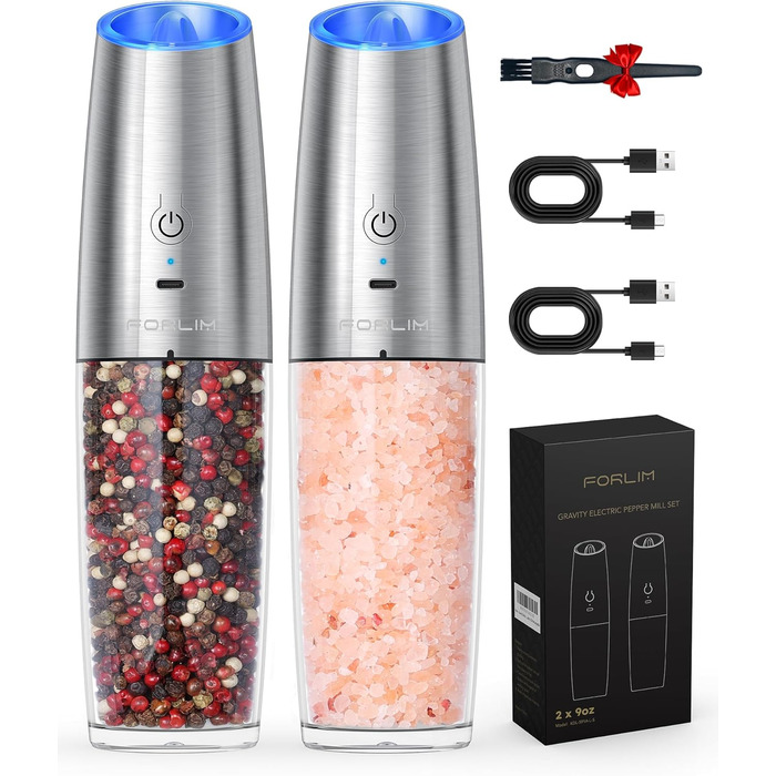 Електрична млинка для перцю та солі FORLIM, USB заряджання, 9oz, з LED-підсвіткою, регульований помел, автоматична, з нержавіючої сталі, срібляста