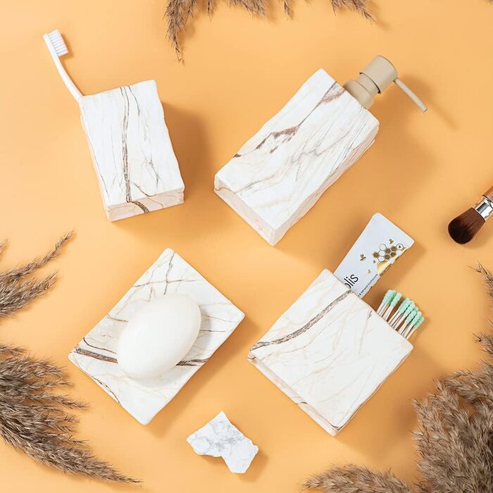 Набір аксесуарів для ванної кімнати керамічний 4 предмети в ретро стилі, коричневий мармур - мильниця, дозатор для мила, стаканчик для зубних щіток