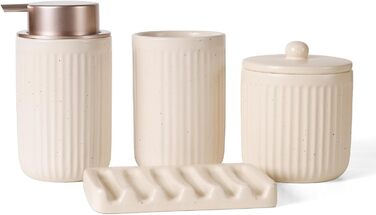 Набір для ванної кімнати з кераміки, 4 шт: мильниця, дозатор для мила, стакан для зубної пасти, контейнер для ватних паличок. Преміум якість, колір: абрикосовий з смужками