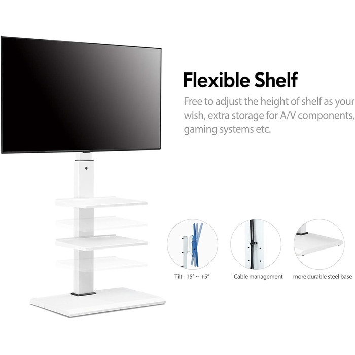 FITUEYES TV Stand White Series-S - 32-65 Inch, 40kg Capacity, Adjustable Height, Swivel & Tilt, 400x600 VESA, 3 Shelves