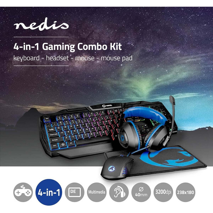 Ігровий комбо-кіт NEDIS 4-в-1: клавіатура, навушники, миша, килимок для миші - USB - QWERTY - 3200 DPI