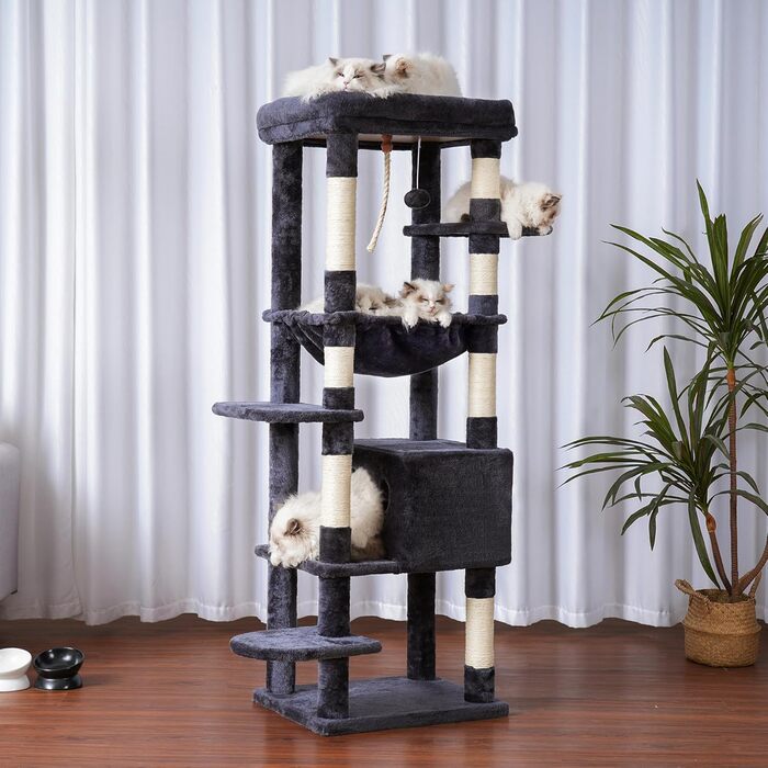Котячий будиночок Heybly Kratzbaum з декою, для великих котів, котячий комплекс, великі платформи, гніздо, 50 x 50 x 153 см, HCT050MU (димно-сірий)