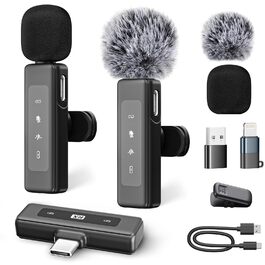 Бездротовий петличний мікрофон для iPhone/Android/iPad/комп'ютера, з шумозаглушенням, для запису відео, інтерв'ю, YouTube, Vlog, чорний