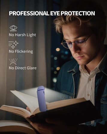 LED-ліхтарик для читання, перезаряджуваний, ультралегкий, з 3 кольорами та 5 рівнями яскравості, фіолетовий