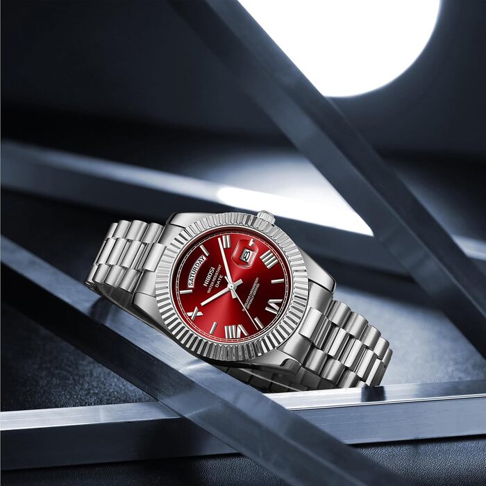 Годинник чоловічий NIBOSI - аналоговий кварцовий годинник з нержавіючої сталі. Водонепроникні бізнес-годинники для чоловіків з датою та індикатором дня тижня (срібно-червоний)