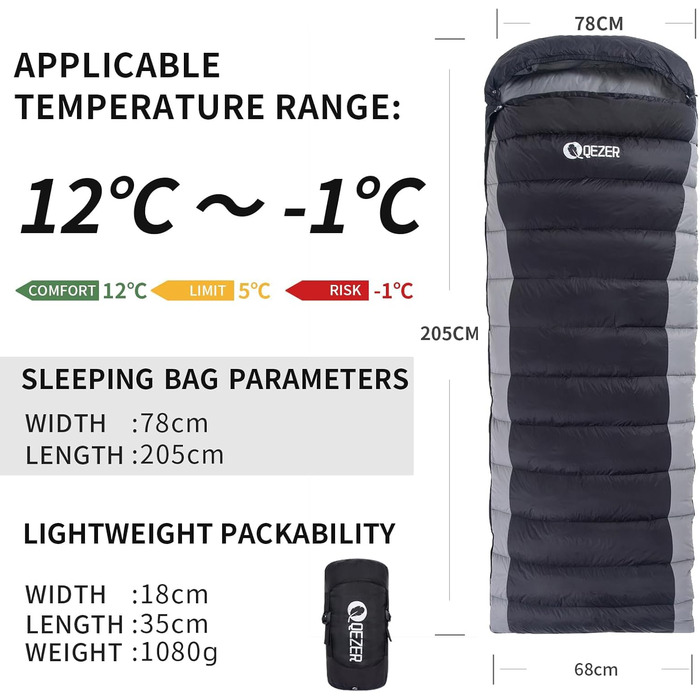 QEZER Ultralight Down Sleeping Bag - 8°C to -3°C for Camping, Hiking, and Trekking - 3 Season Outdoor Sleeping Bag