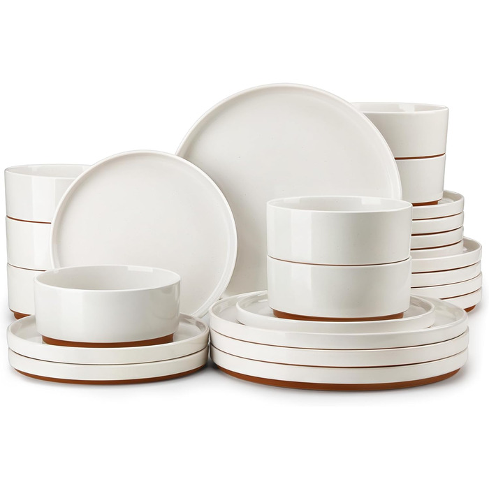 MALACASA Набір посуду з каменю 6 осіб, 18 предметів: тарілки, миски, супи, кераміка, білий з коричневим, посуд для сервірування столу