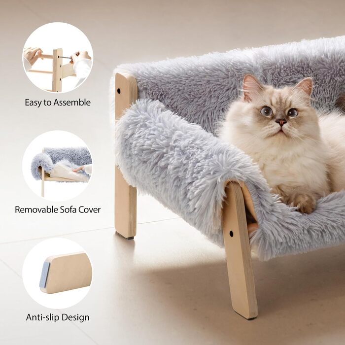 MEWOOFUN Elevated Cat Bed Sofa made of Wood, Sturdy Large Cat Sofa – Fashionable Cat Stool with Removable Mattress Cover, Holds up to 10 kg (56x45cm, Grey)