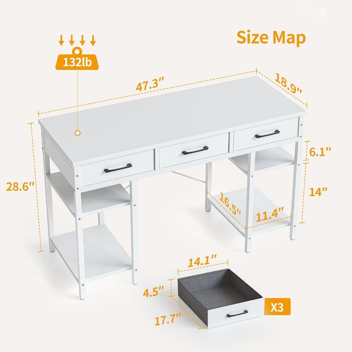 CubiCubi Desk with 3 Drawers & 4 Shelves - Home Office Computer Desk, Gaming Desk (120 x 50 cm)