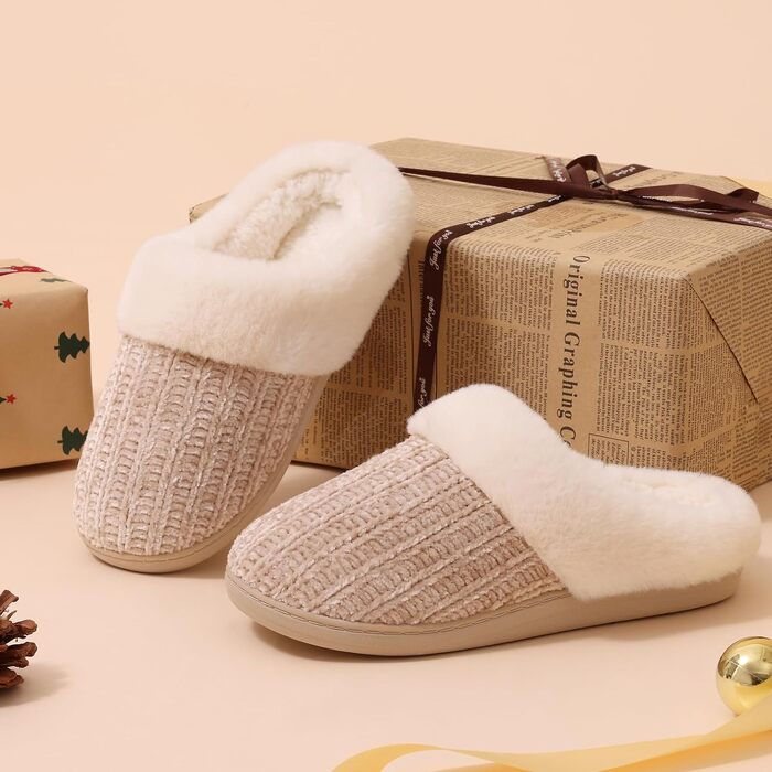 Жіночі зимові капці Evshine з плюшу та ефектом пам'яті (Memory Foam), протиковзкі, колір Khaki, розмір 44/45 EU