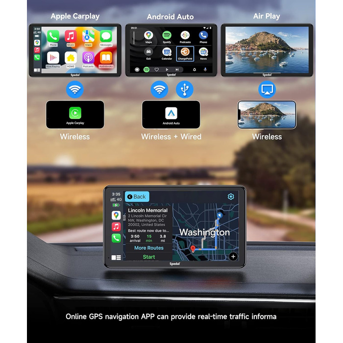 Бездротовий автомобільний мультимедійний центр Spedal NaviCam 796W з Apple CarPlay, Android Auto, зовнішньою камерою, Bluetooth, Wi-Fi, AirPlay, AUX та FM-трансмітером