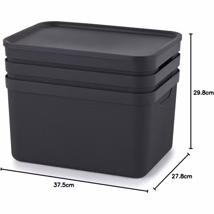 Jive Dekobox 3-Piece Storage Box Set, 16l with Lid, Recycled Plastic (PP), Dark Grey, 3x16l (37.5 x 27.8 x 29.8 cm), Anthracite