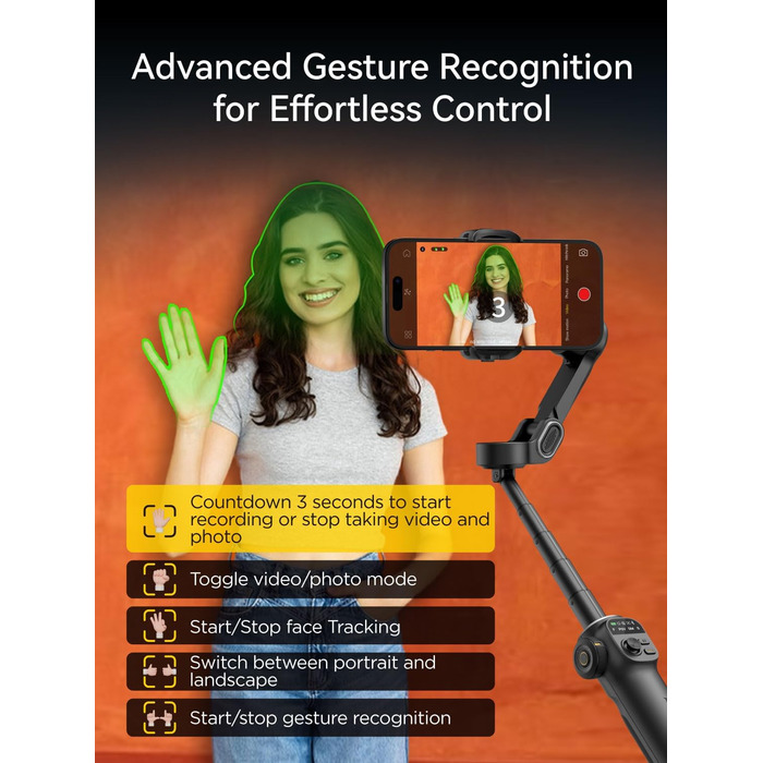 Стабілізатор для смартфона AOCHUAN X2: 3-осьовий гімбал з OLED-дисплеєм та 7.8-дюймовою штангою, чорний