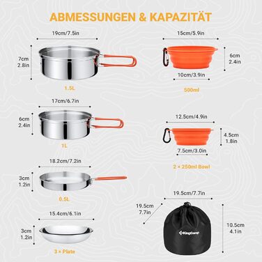 Набір посуду для кемпінгу KingCamp на 2-4 особи: нержавіюча сталь, складане приладдя, ультралегкий набір каструль та сковорідок для кемпінгу