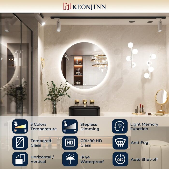 Дзеркало для ванної кімнати Keonjinn кругле, 60см з підсвічуванням, антизапар, сенсорне управління, пам'ять, 3 кольори світла, регулювання яскравості, LED, без рамки