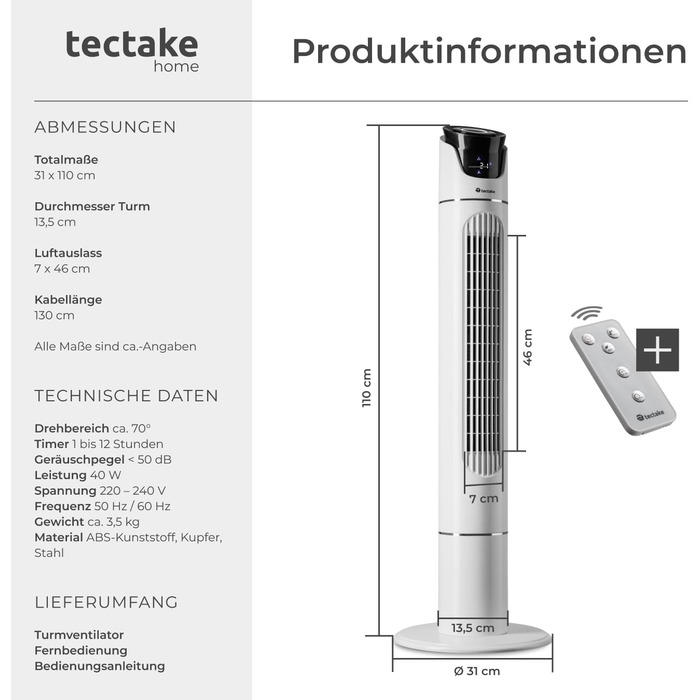 Турбо вентилятор Tectake з пультом дистанційного керування та таймером, тихий вентилятор-вежа, мобільний кондиціонер, 3 швидкості, 31 x 110 см