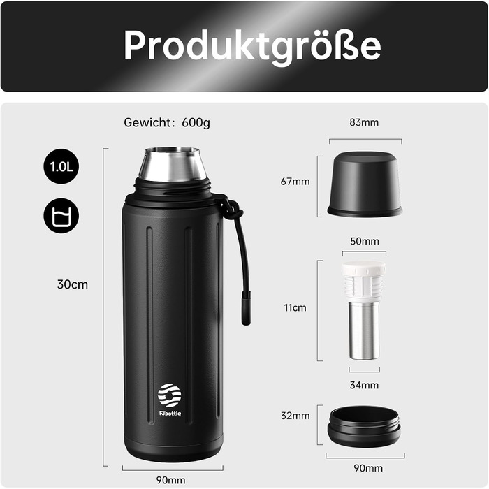 Термос Healter Thermoskanne 1л з чашкою (72 год холод, 24 год гаряче) - термофляга для кави, чаю, термокружка з знімним дном та фільтром, для подорожей, офісу та школи (зелений/чорний)