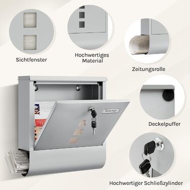 Поштовий ящик WOLTU з газетницею та оглядовим вікном, персоналізований, настінний, з замком та 2 ключами, сірий, 37x37x10.5 см