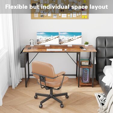 Devoko 140cm Computer Desk with Reversible Shelf, Small Desk with Headphone Hooks, Small Computer Desk for Home Office, Small Office Desk for Home Office, Vintage Brown 140 x 50 cm Vintage Brown