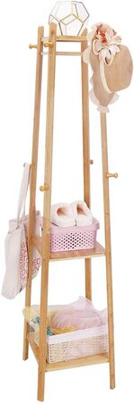 Bamboo Clothes Rack Coat Stand with 8 Hooks and 3 Shelves for Shoes, Hats, and Scarves, for Hallway, Living Room, and Guest Room