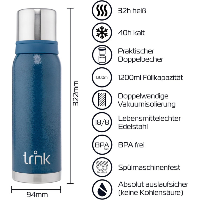Термос для напоїв TRNK Arktis 2, 1200 мл, нержавіюча сталь, BPA-free, зберігає тепло 32 години, з 2 кришками-чашками, для відпочинку на природі, миється в посудомийній машині (гірське блакитний)