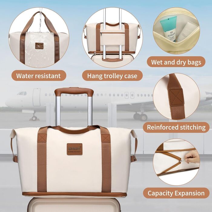 Набір валіз KONO 4 в 1: велика валіза, ручна поклажа 55 см, косметичка та сумка для подорожей (кремово-білий)