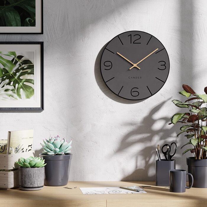 Cander Berlin MNU 2630 Y Wall Clock Silent, No Ticking, 30 cm, Analog, Living Room, Modern, Vintage, Grey, Black, Wooden Hands