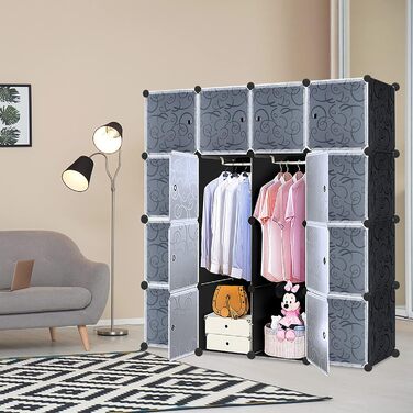 Wardrobe, Plastic Wardrobe, DIY Cube Wardrobe 20 Cubes, Shelf System Bedroom Wardrobe – Black, (140 x 35 x 140 cm)