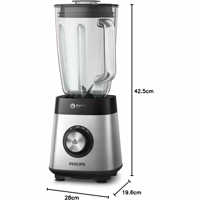 Блендер Philips Standmixer 1000Вт, 2 л скляна чаша, ProBlend Crush, змінна швидкість, додаток HomeID, смузі-мейкер з чашею для напоїв (HR3573/90)