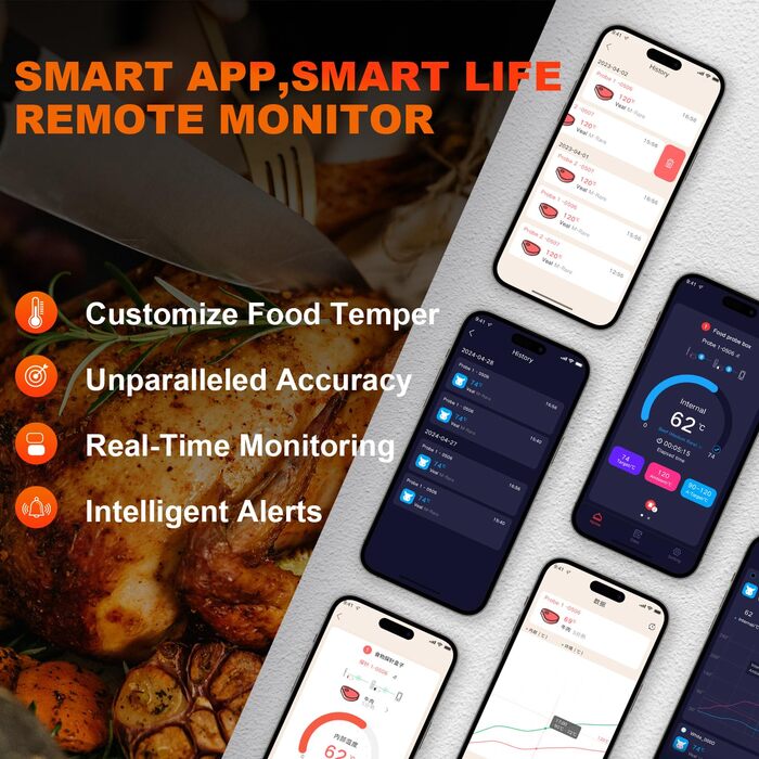 Бездротовий термометр для м'яса, цифровий кухонний термометр з бездротовим зондом, дальність 152 м, термометр для їжі, сумісність з iOS & Android, попередньо запрограмовані температури для гриля, духовки