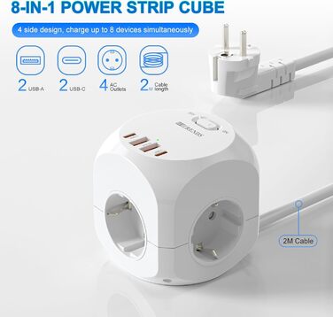 Блок розеток з USB-C, 4 розетки, плоский штекер, індивідуальне вмикання, багаторозетка-куб з 2м плетеним кабелем для офісу, дому, подорожей - білий 002-MF (4 розетки 2м)