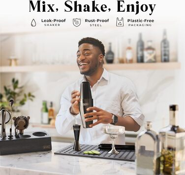 Bare Barrel Pro Cocktail Set - 14 Piece Boston Shaker Set with Stand & Recipe Cards (Jet Black) 0.8L