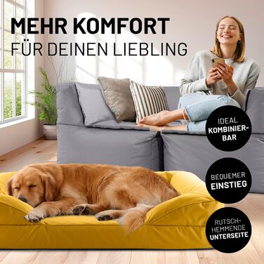 Ортопедичне собаче ліжко Lumaland з корду | Собаче ліжко-софа 70x60 см та 110x75 см - для маленьких собак | Нековзне дно | Зручна та миюча наповнювач та чохол | Собаче гніздо з Memory Foam Cord - Оливковий (In & Outdoor)