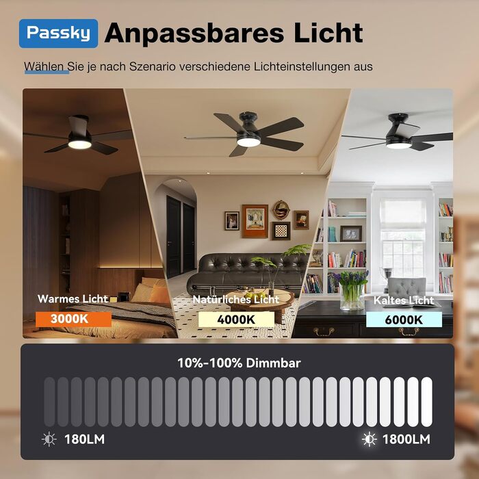 Стельовий вентилятор з освітленням Passky 132 см, LED-лампа з 3 режимами світла, DC-мотор, пульт ДК, 6 швидкостей, реверс (літо/зима), чорний