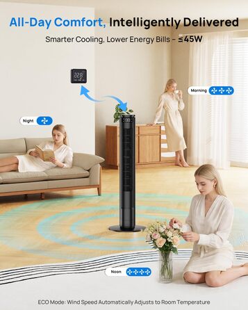 Вентилятор Tower Leise з Пультом, 91 см: 5 Режимів, 6 Швидкостей, Таймер 12 год, ECO-режим, Обертання 70°, для Вітальні та Спальні