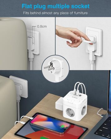 Багатофункціональний розподільник розеток 6 в 1 з USB-C, 3 розетки, плоский штекер, індивідуальне вмикання, кабель 2м, 1 USB-C, для офісу, дому, подорожей (білий)