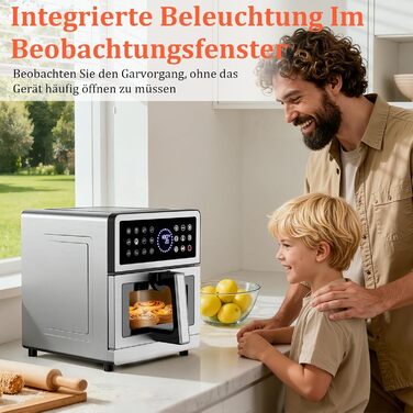 Аерофритюрниця 12л 2 камери 2600W Airfryer XXL срібна - багатофункціональна фритюрниця з верхнім та нижнім нагріванням, вікном та підсвіткою