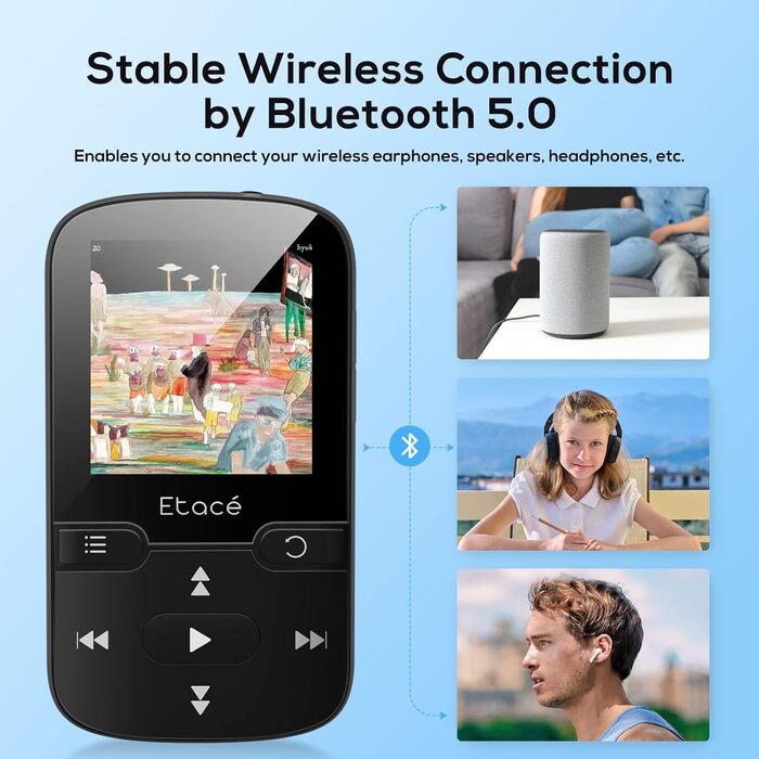 MP3 плеєр Bluetooth 5.3 16GB, Радіо, E-Book, Крокомір, Диктофон, Підтримка MicroSD до 128GB (Чорний)