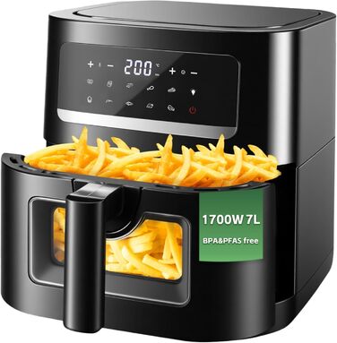 Фритюрниця повітряна 7L з вікном та сенсорним екраном – Airfryer з 10 програмами, функцією підігріву, підсвічуванням | Безжирне приготування | Без BPA та PFAS