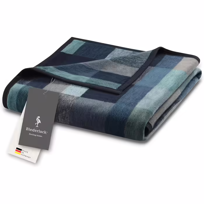 biederlack® Fluffy Throw Blanket made of cotton blend | Made in Germany | Öko-Tex certified | sustainably produced | Living blanket Color Squares Dark Blue in dark blue-grey | Sofa blanket in 150x200 cm