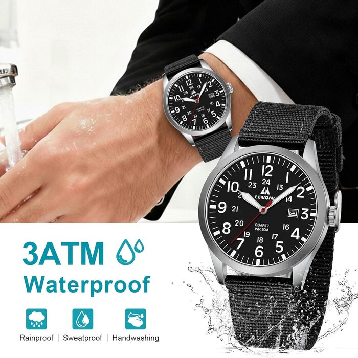 Чоловічий годинник LN LENQIN: аналоговий кварцовий годинник з нейлоновим ремінцем, 30M водостійкість, з датою (чорний, срібний, чорний)
