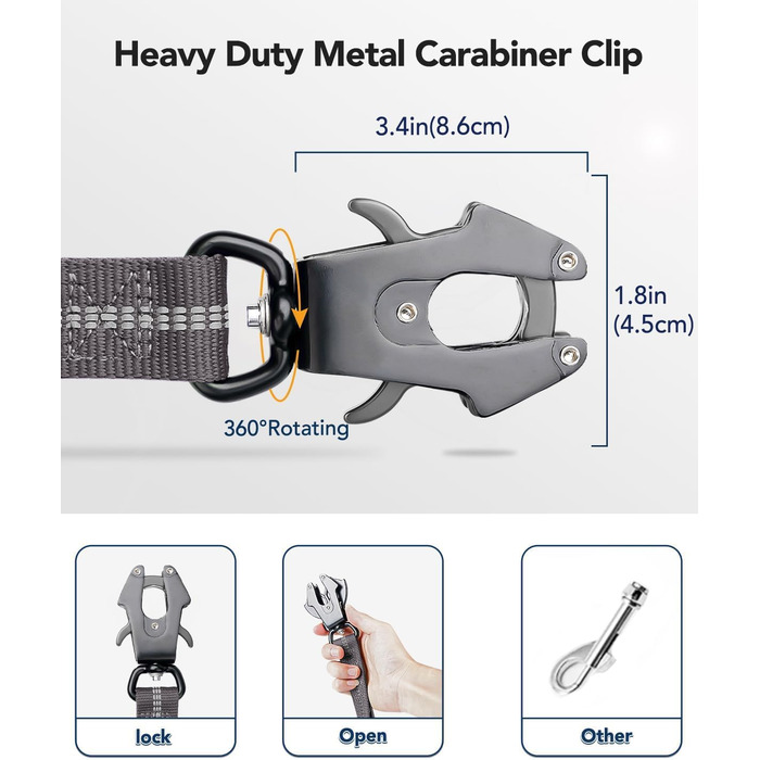 Тактична собача повід Joytale, 1.2м-1.8м, еластична, з двома зручними ручками, автофіксатор, повід без ривка для великих собак, сірий