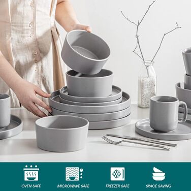 Набір посуду Vancasso SESAM Serie Steingut (16 предметів) для 4-12 осіб – тарілки, миски, чашки, скандинавський дизайн, темно-сірий, біло-сірий, блакитний, зелений