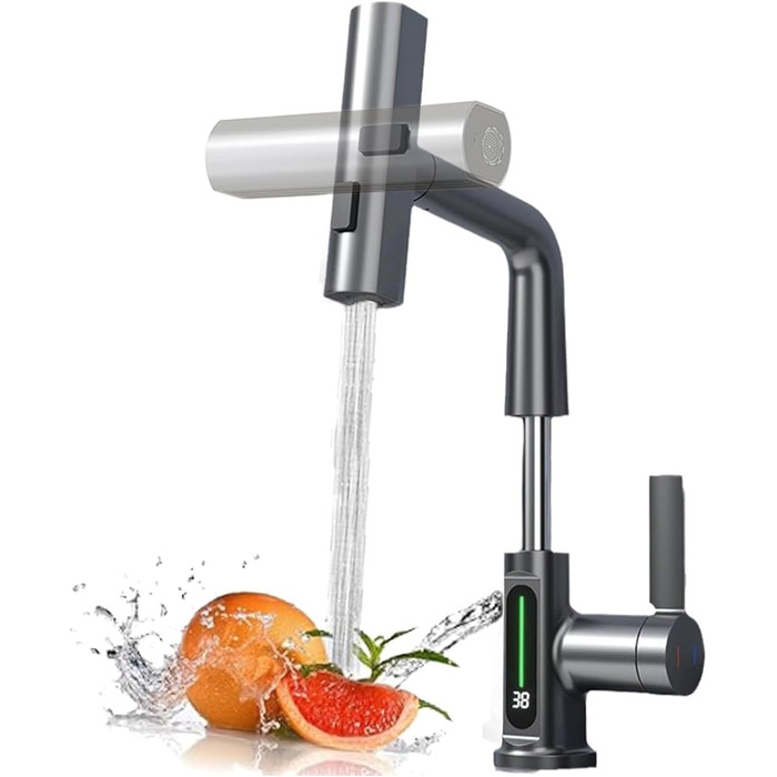Кухонний змішувач з витяжною лійкою та душем, 3 режими, LED-індикатор температури, однорідний, поворотний на 360°, для кухні, високого тиску, регульована висота (сірий)