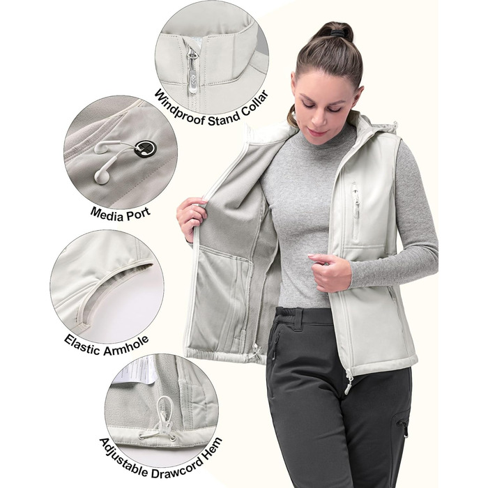 Жіноча софтшеллова жилетка 33000ft з капюшоном, флісовою підкладкою та 5 кишенями для їзди на конях, бігу та піших прогулянок (4XL, Білий)