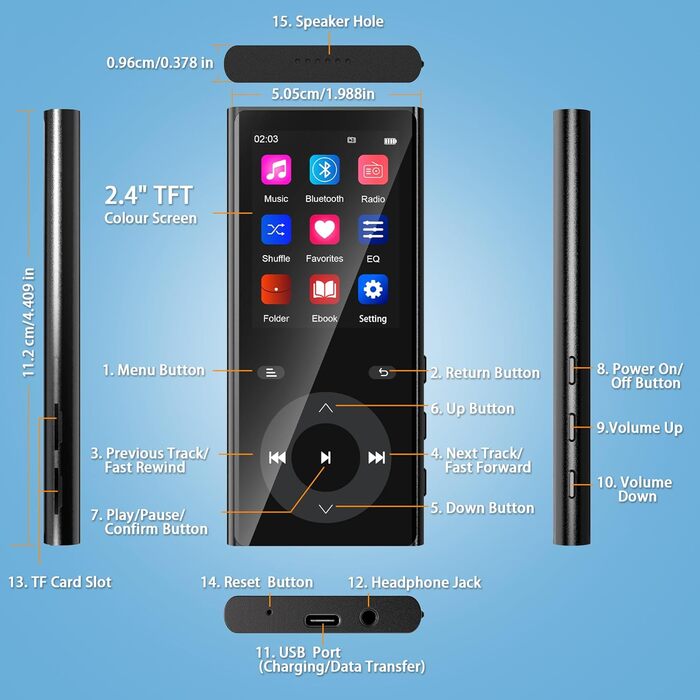 MP3 плеєр з Bluetooth 5.3 та динаміком, 90 ГБ пам'яті, 2.4